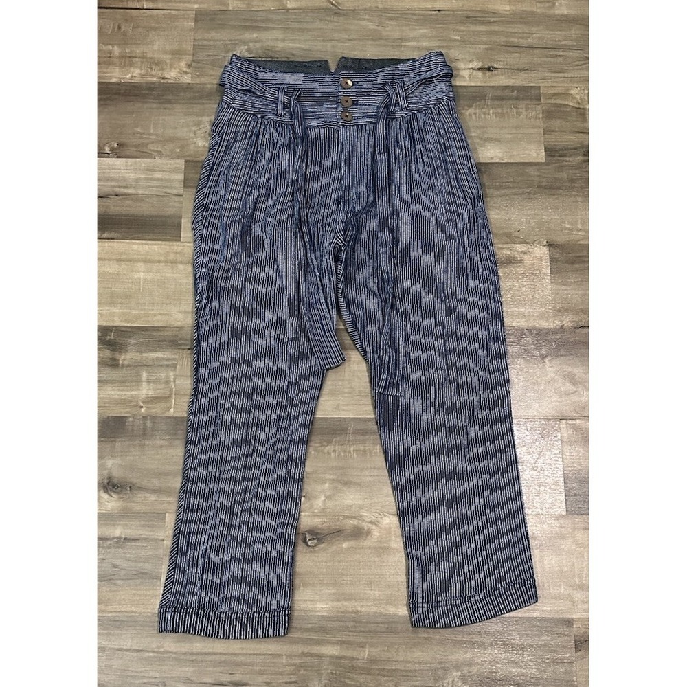 Free People Rumors Yarn Dye Harem Pants Belted Crop Length Blue White Size 4